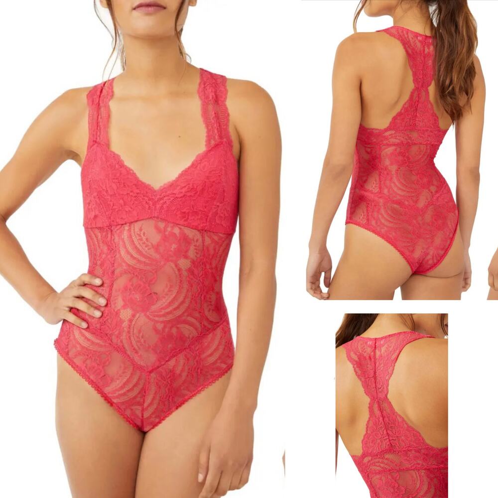 NWT Intimately Free People Midnight Hour Lace Bodysuit XS Hot Berry